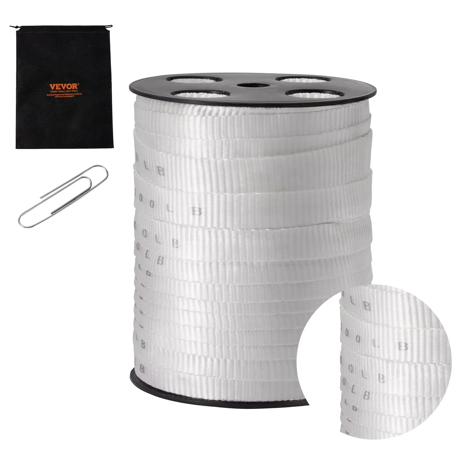 VEVOR polyester pull tape on spool with a black storage bag and a metal clip.