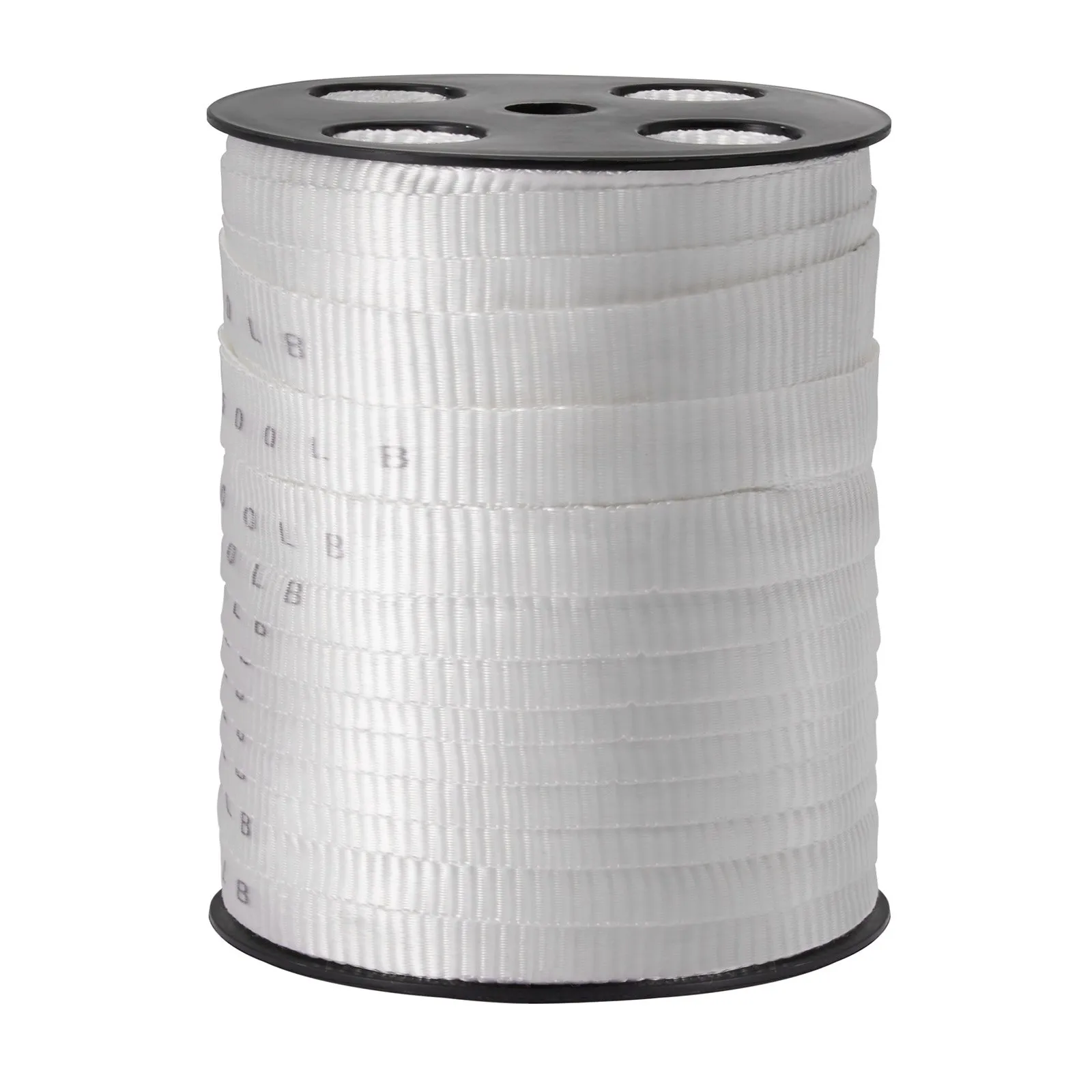 white VEVOR polyester pull tape on black reel, marked with load ratings. durable and strong pulling tape.