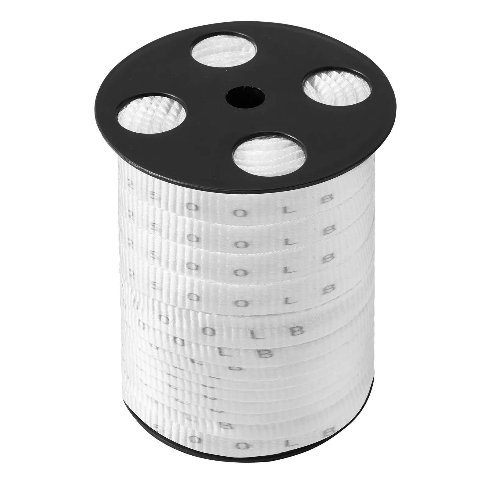 black spool of VEVOR polyester pull tape with white woven material and printed markings.