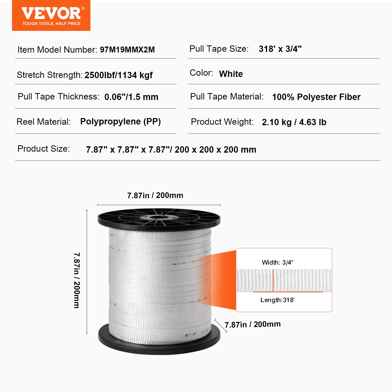 VEVOR Polyester Pull Tape, 3/4" x 318' Mule Tape Flat Rope, 2500 lbf Tensile Capacity, Printed Webbing Cable Pulling Tape for Packaging, Gardening, Commercial Electrical, Conduit Work, White