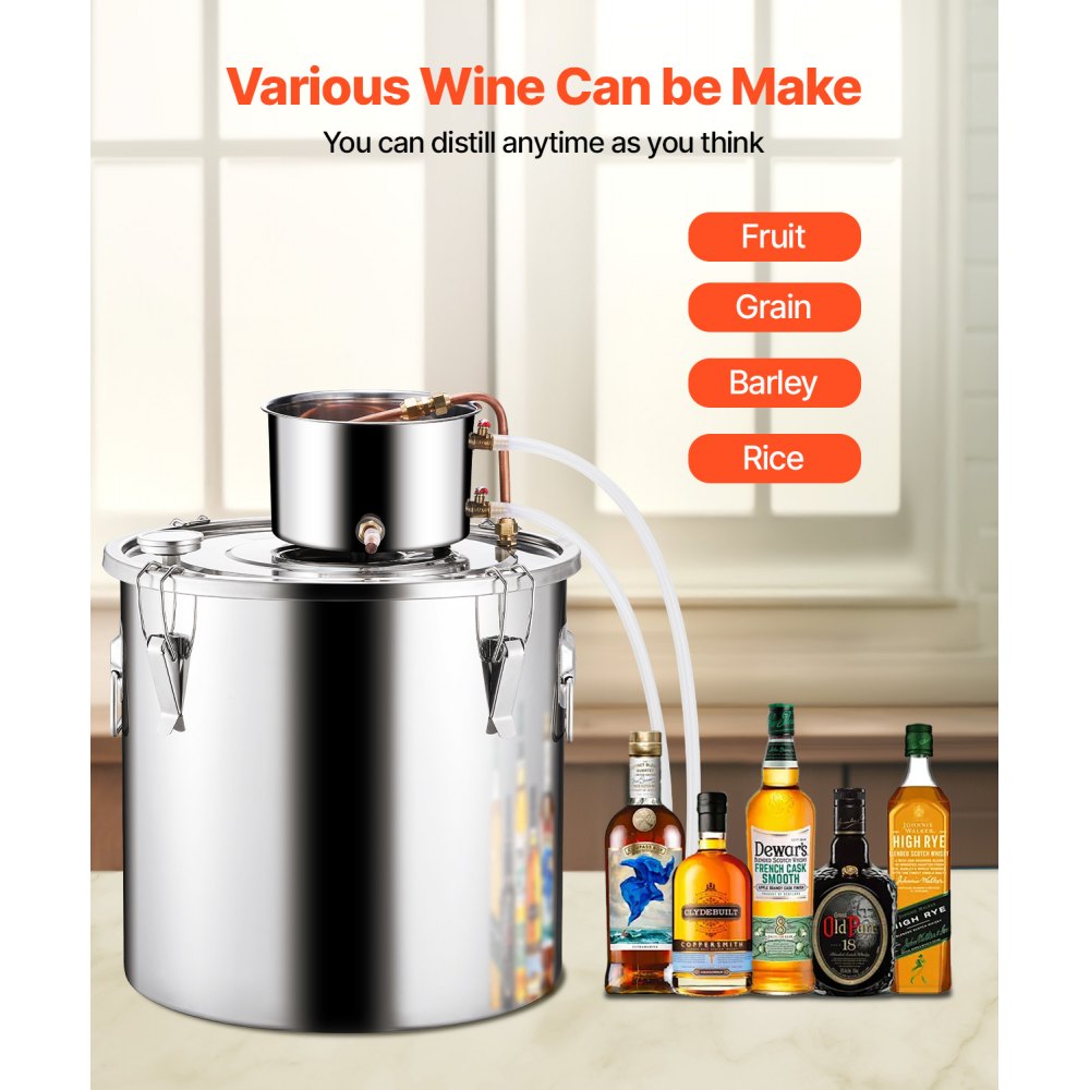 VEVOR Alcohol Still, 13.2 Gal / 50 L Stainless Steel Water Alcohol Distiller with Copper Coil, Home Brewing Refining Fermentation Kit with Thermometer & Pump, for Wine Whisky Brandy, Silver