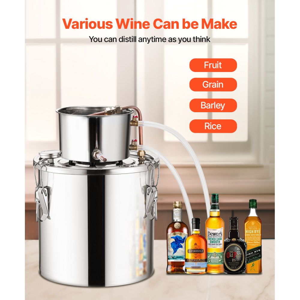 VEVOR Alcohol Still, 5 Gal / 19 L Stainless Steel Water Alcohol Distiller with Copper Coil, Home Brewing Refining Fermentation Kit with Thermometer, for Wine Whisky Brandy, Silver
