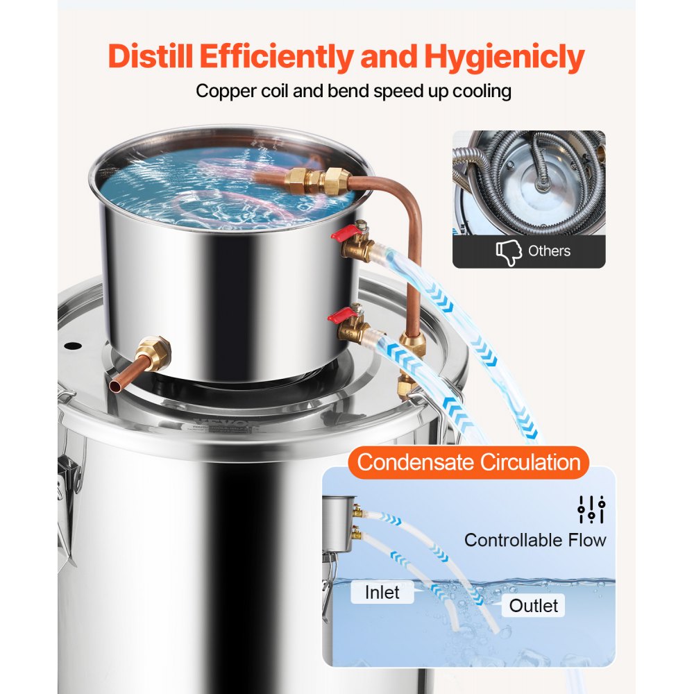 VEVOR Alcohol Still, 5 Gal / 19 L Stainless Steel Water Alcohol Distiller with Copper Coil, Home Brewing Refining Fermentation Kit with Thermometer, for Wine Whisky Brandy, Silver