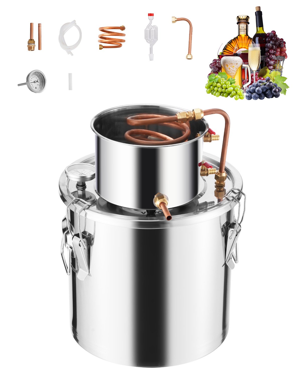 VEVOR Alcohol Still, 5 Gal / 19 L Stainless Steel Water Alcohol Distiller with Copper Coil, Home Brewing Refining Fermentation Kit with Thermometer, for Wine Whisky Brandy, Silver