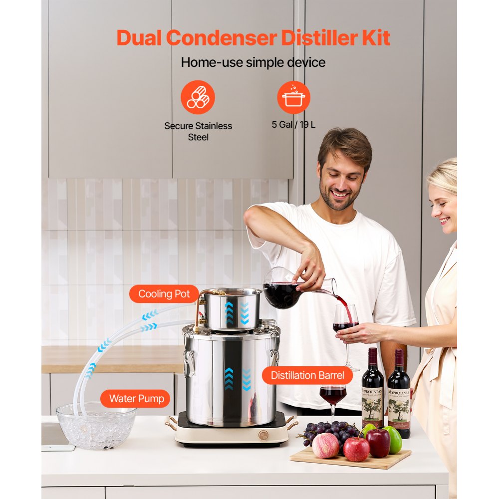 VEVOR Alcohol Still, 5 Gal / 19 L Stainless Steel Water Alcohol Distiller with Copper Coil, Home Brewing Refining Fermentation Kit with Thermometer & Pump, for Wine Whisky Brandy, Silver