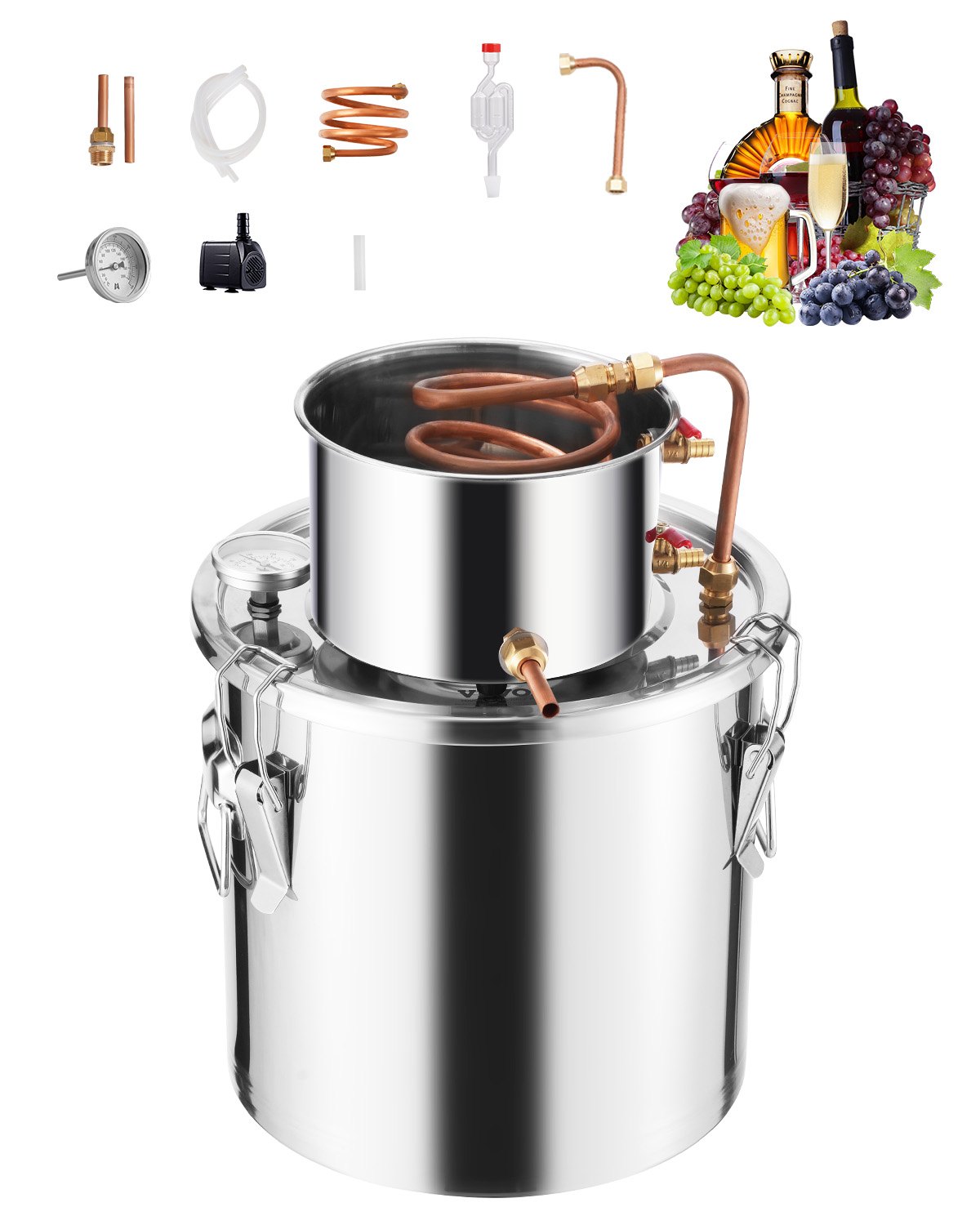 VEVOR Alcohol Still, 5 Gal / 19 L Stainless Steel Water Alcohol Distiller with Copper Coil, Home Brewing Refining Fermentation Kit with Thermometer & Pump, for Wine Whisky Brandy, Silver