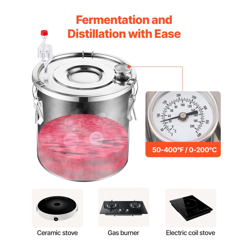 VEVOR Alcohol Still, 8 Gal / 30 L Stainless Steel Water Alcohol Distiller with Copper Coil, Home Brewing Refining Fermentation Kit with Thermometer & Pump, for Wine Whisky Brandy, Silver