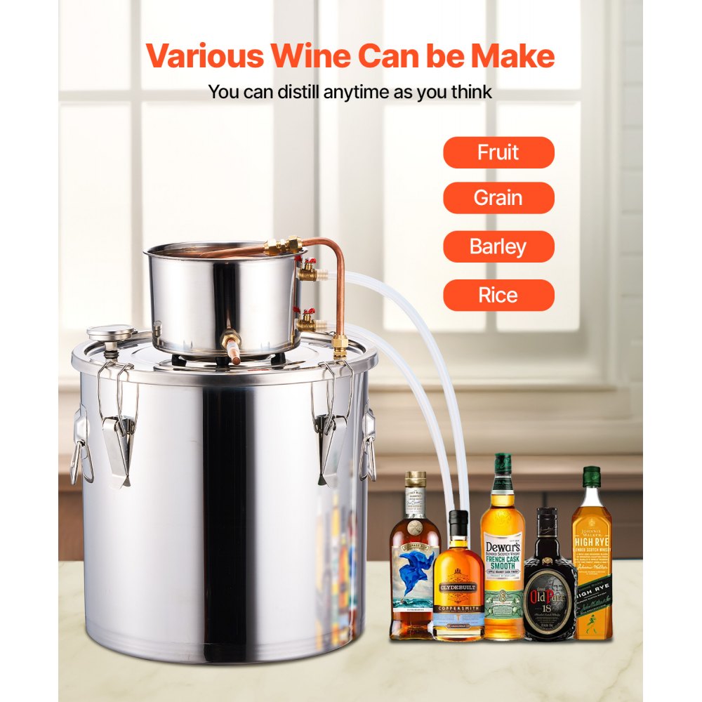 VEVOR Alcohol Still, 8 Gal / 30 L Stainless Steel Water Alcohol Distiller with Copper Coil, Home Brewing Refining Fermentation Kit with Thermometer & Pump, for Wine Whisky Brandy, Silver