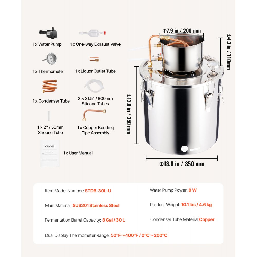 VEVOR Alcohol Still, 8 Gal / 30 L Stainless Steel Water Alcohol Distiller with Copper Coil, Home Brewing Refining Fermentation Kit with Thermometer & Pump, for Wine Whisky Brandy, Silver