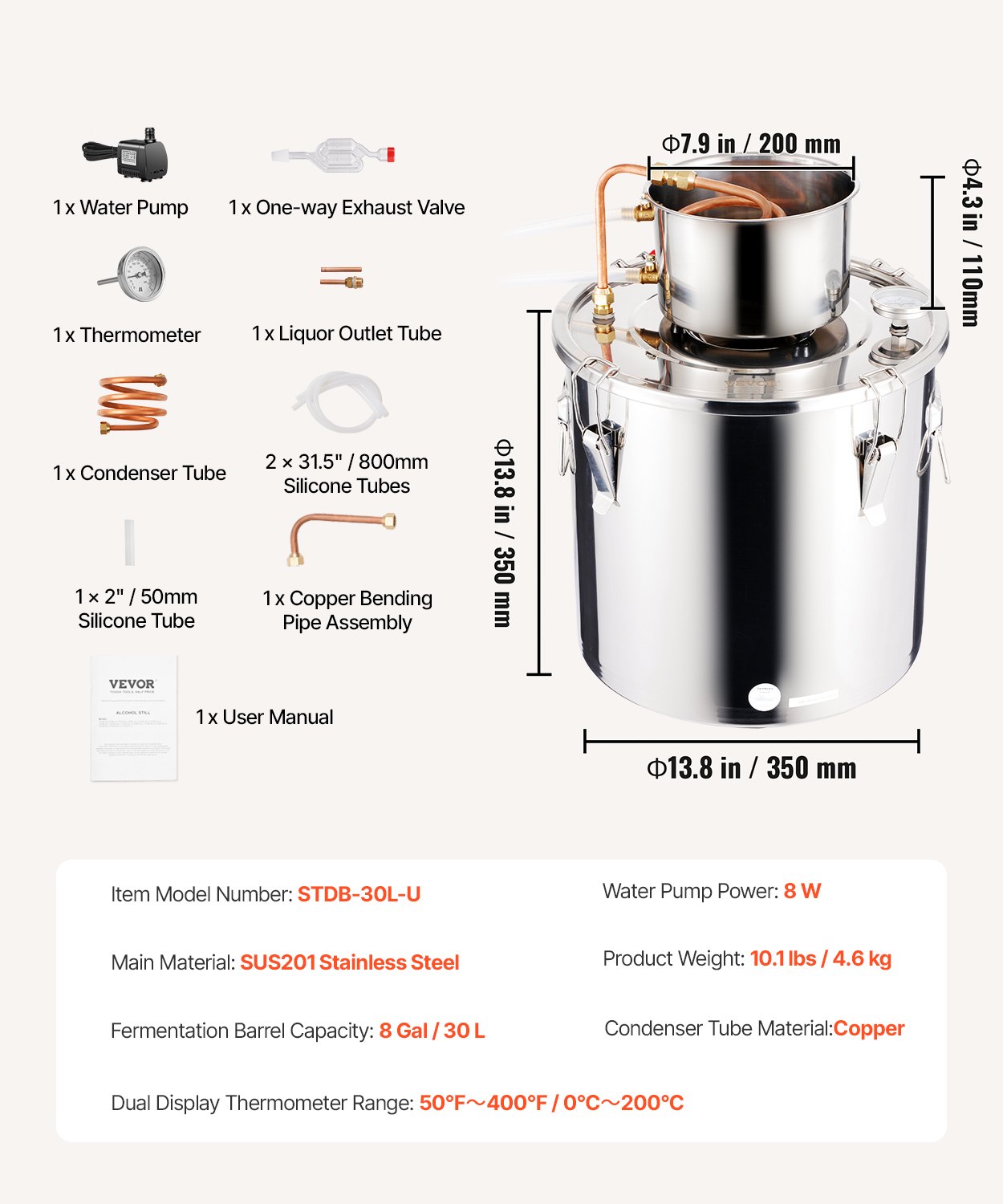 VEVOR Alcohol Still, 8 Gal / 30 L Stainless Steel Water Alcohol Distiller with Copper Coil, Home Brewing Refining Fermentation Kit with Thermometer & Pump, for Wine Whisky Brandy, Silver