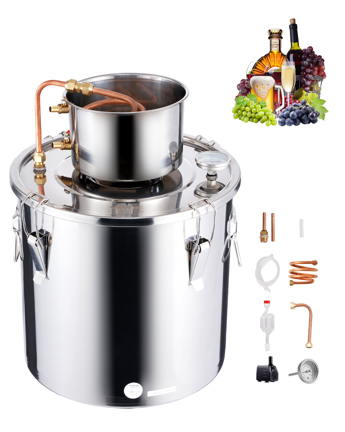 VEVOR Alcohol Still, 8 Gal / 30 L Stainless Steel Water Alcohol Distiller with Copper Coil, Home Brewing Refining Fermentation Kit with Thermometer & Pump, for Wine Whisky Brandy, Silver
