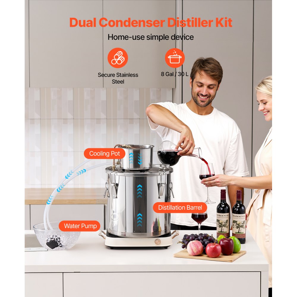 VEVOR Alcohol Still, 8 Gal / 30 L Stainless Steel Water Alcohol Distiller with Copper Coil, Home Brewing Refining Fermentation Kit with Thermometer & Pump, for Wine Whisky Brandy, Silver