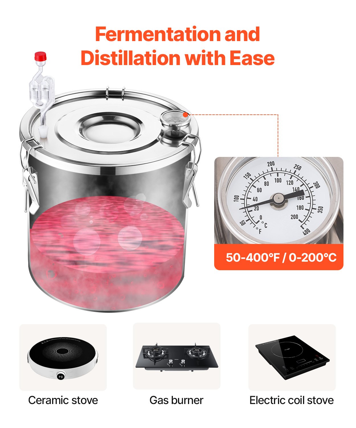 VEVOR Alcohol Still, 8 Gal / 30 L Stainless Steel Water Alcohol Distiller with Copper Coil, Home Brewing Refining Fermentation Kit with Thermometer & Pump, for Wine Whisky Brandy, Silver