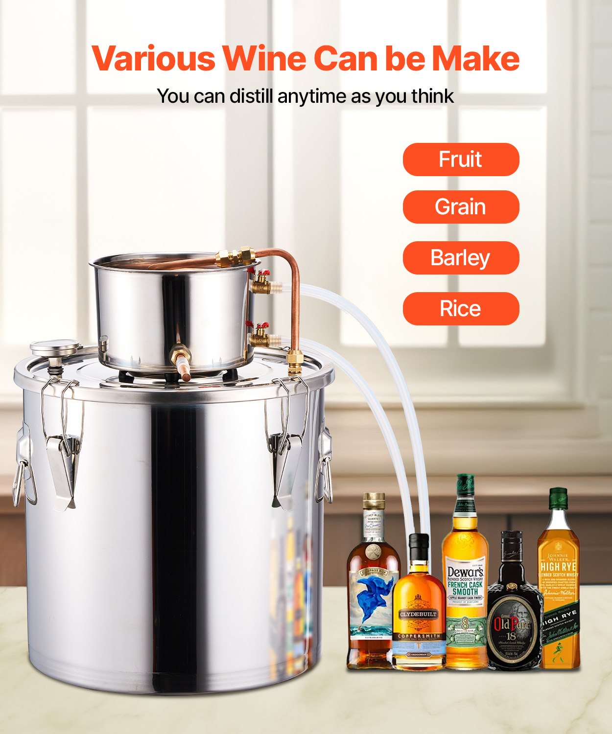 VEVOR Alcohol Still, 8 Gal / 30 L Stainless Steel Water Alcohol Distiller with Copper Coil, Home Brewing Refining Fermentation Kit with Thermometer & Pump, for Wine Whisky Brandy, Silver