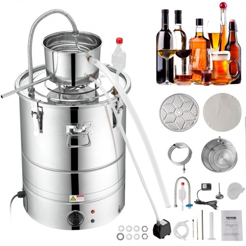 VEVOR Alcohol Still, 9 Gal 30L Water Alcohol Distiller, Home Distillery Kit include Stainless Steel Tube & Pump & One-way Exhaust Valve & Thermometer (30-120℃ ) for DIY Whisky Wine Brandy, Silver