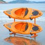 orange kayaks stored on VEVOR kayak storage rack at beach, ocean waves in background.