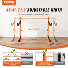 VEVOR Freestanding Kayak Storage Rack, Kayak Stand for 2 Kayak Canoe Paddleboard, Heavy-duty Steel Kayak Hanger Holder with Padded Arms and Adjustable Width, 175LBS Max Load, for Indoor Outdoor Garage