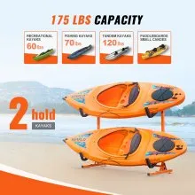 VEVOR Freestanding Kayak Storage Rack, Kayak Stand for 2 Kayak Canoe Paddleboard, Heavy-duty Steel Kayak Hanger Holder with Padded Arms and Adjustable Width, 175LBS Max Load, for Indoor Outdoor Garage