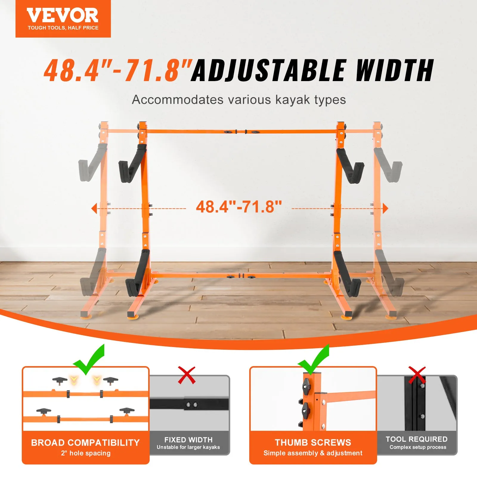 VEVOR kayak storage rack with adjustable width from 48.4&quot; to 71.8&quot;, supports various kayak types.