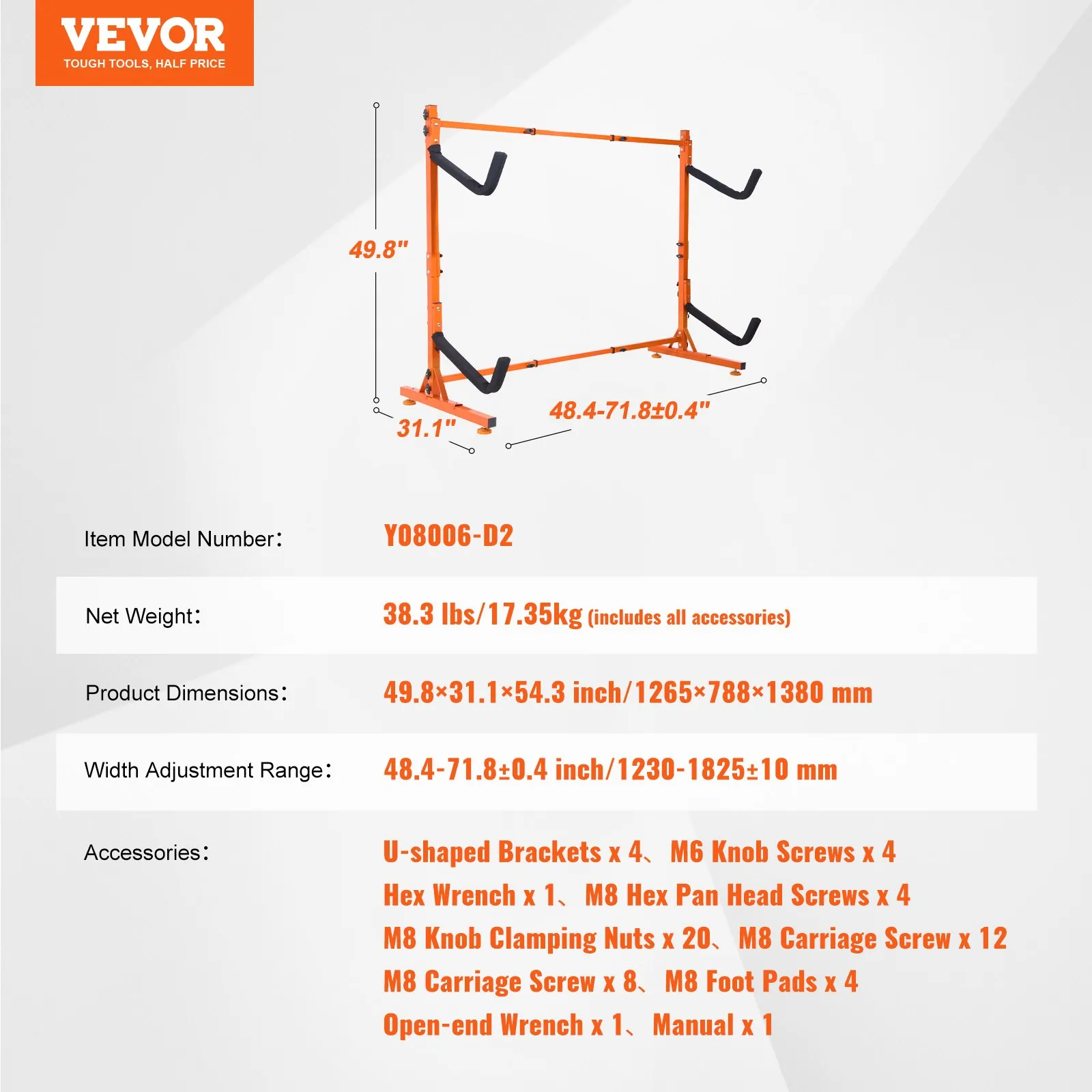VEVOR kayak storage rack with dimensions 49.8×31.1×54.3 inches, 38.3 lbs weight, model y08006-d2.