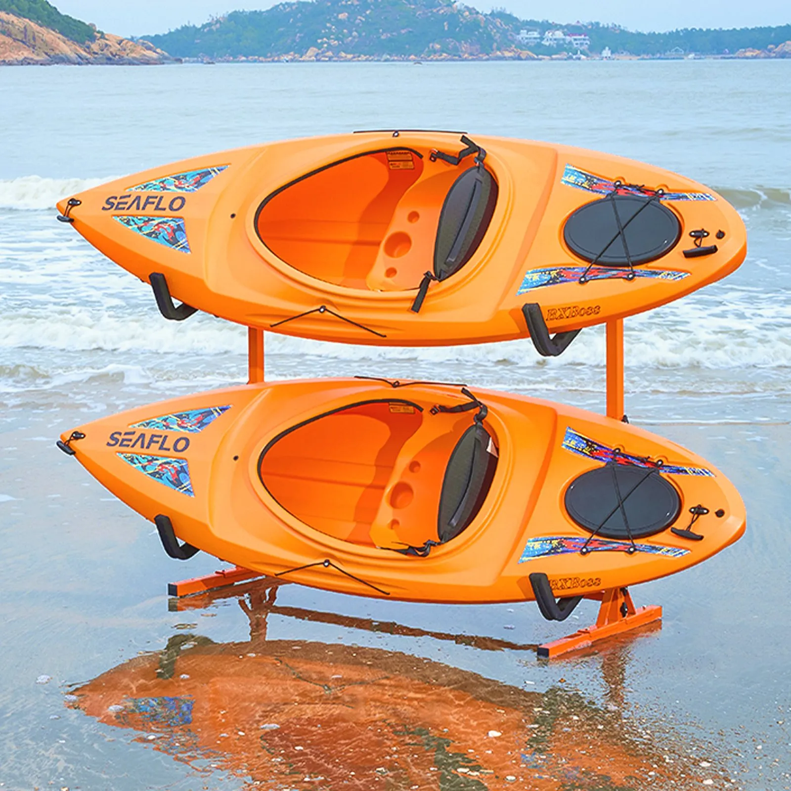 orange kayaks stored on VEVOR kayak storage rack at beach, ocean waves in background.