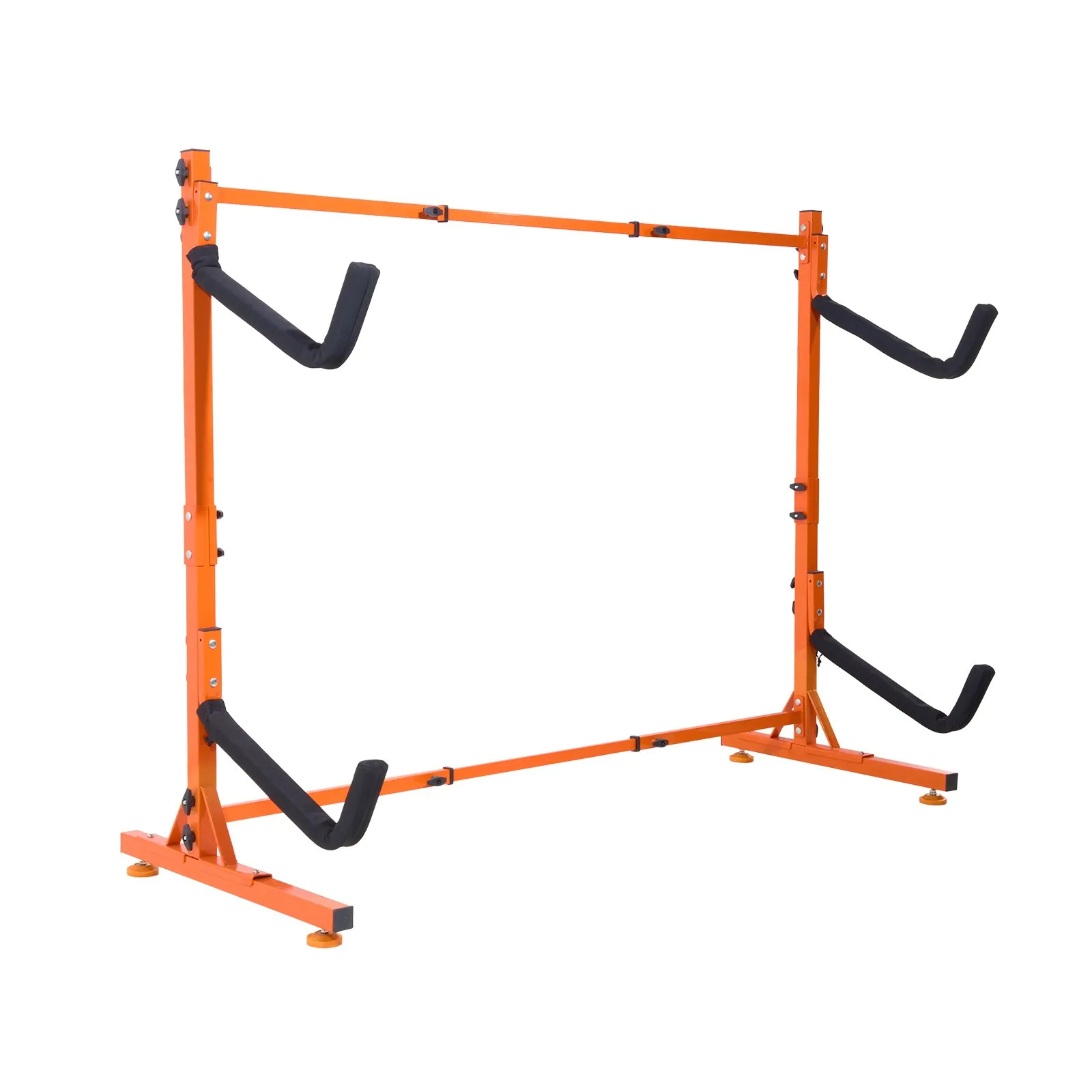 orange VEVOR kayak storage rack with padded hooks and adjustable frame.