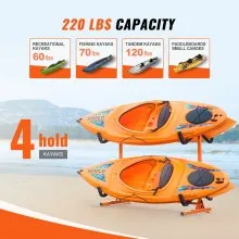 VEVOR Freestanding Kayak Storage Rack, Kayak Stand for 4 Kayak Canoe Paddleboard, Heavy-duty Steel Kayak Hanger Holder with Padded Arms and Adjustable Width, 220LBS Max Load, for Indoor Outdoor Garage