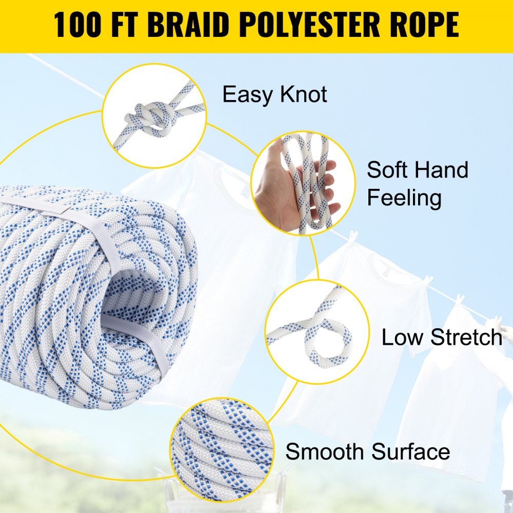 Vevor Double Braid Polyester Rope 3/7'' X 100 Ft Pulling Rope Cord White/blue