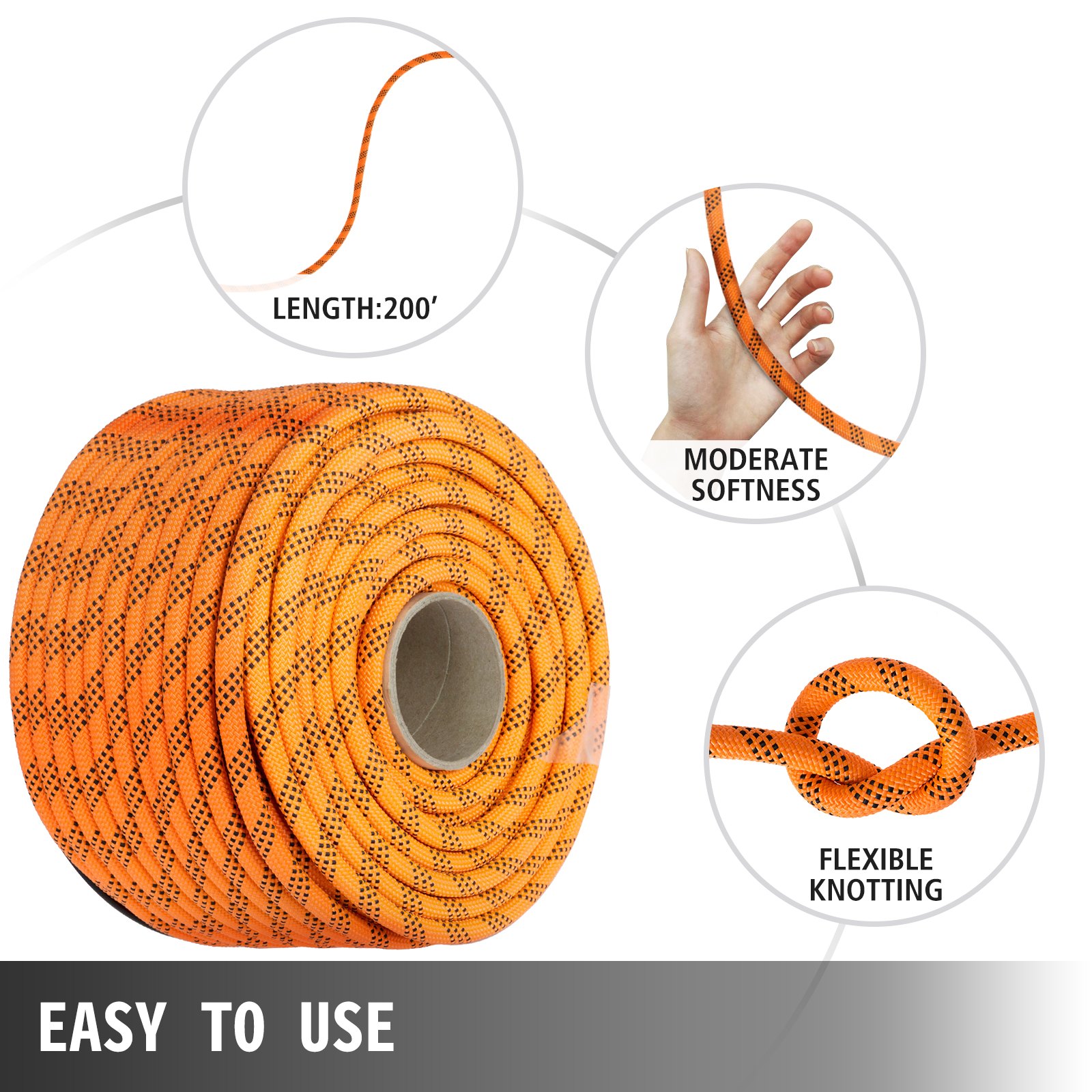 Polyester Rope 7/16" x 200', Load and Pulling Rope, 8400lbs Breaking Strength (Not suitable for rocking climbing, mountain climbing, hanging people, etc.)