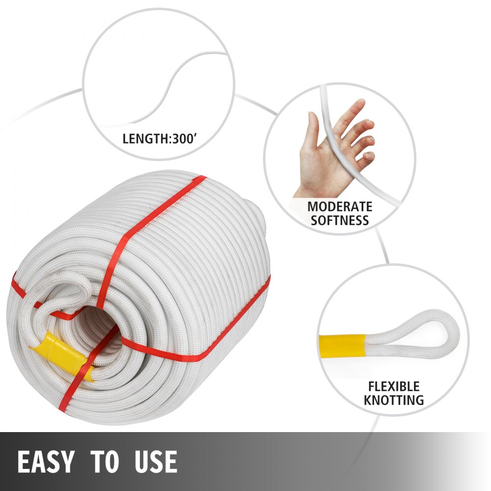 VEVOR 3/8 Inch Double Braid Polyester Rope 300FT Nylon Pulling Rope 660LBS High Force Polyester Load Sailing Rope for Arborist Gardening Marine