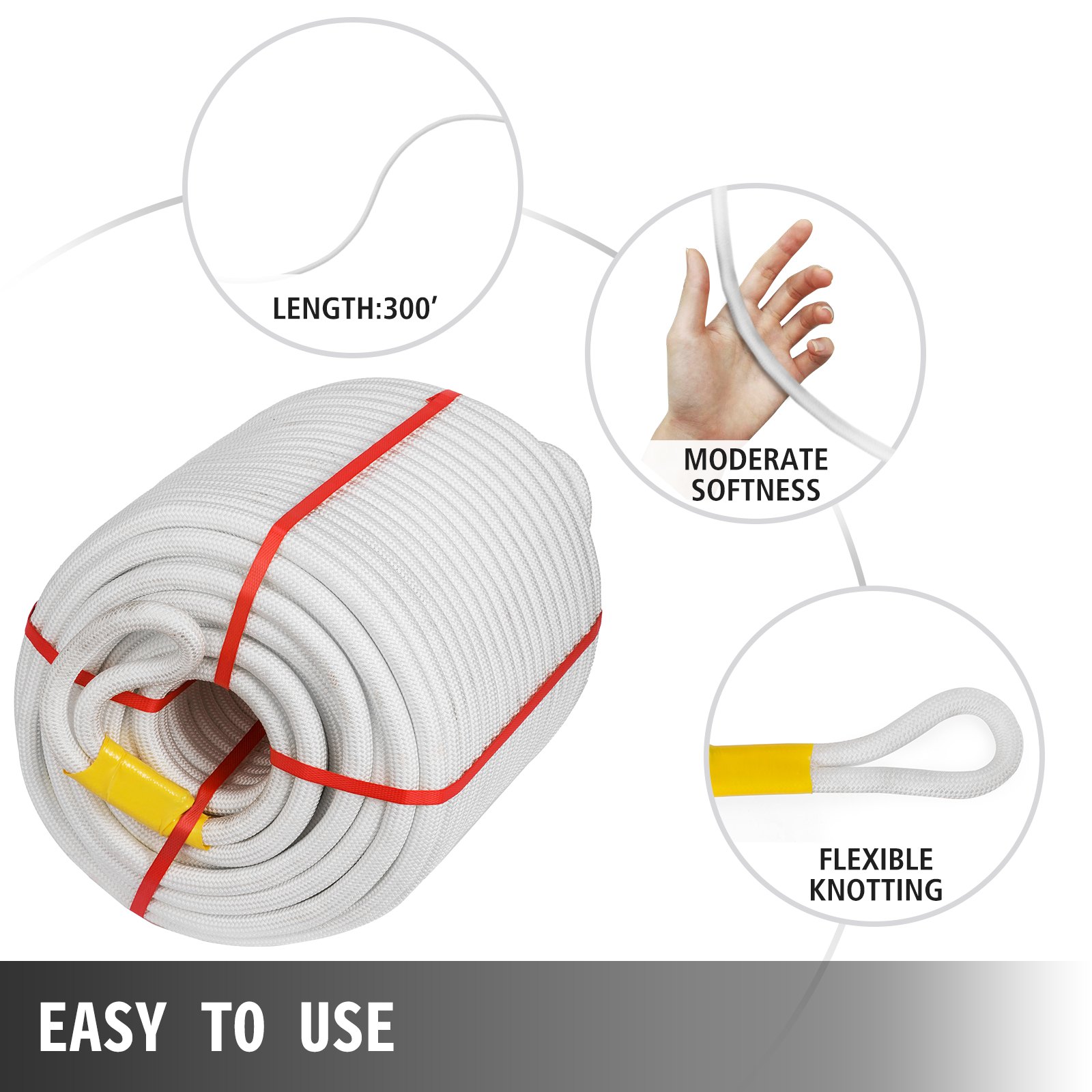 VEVOR 3/8 Inch Double Braid Polyester Rope 300FT Nylon Pulling Rope 660LBS High Force Polyester Load Sailing Rope for Arborist Gardening Marine