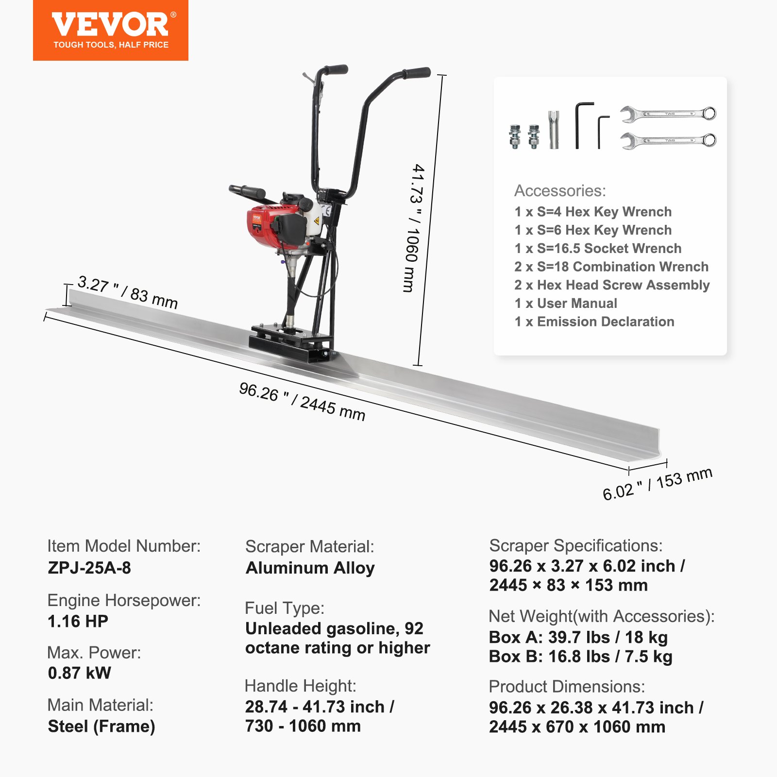 VEVOR Gas Concrete Power Screed, s 2445 mm hliníkovou deskou s rovnými hranami, 4taktní vibrační motor na cementovou úpravu s výškově nastavitelnými rukojeťmi, vysoce účinné betonářské nářadí 6500 ot./min.