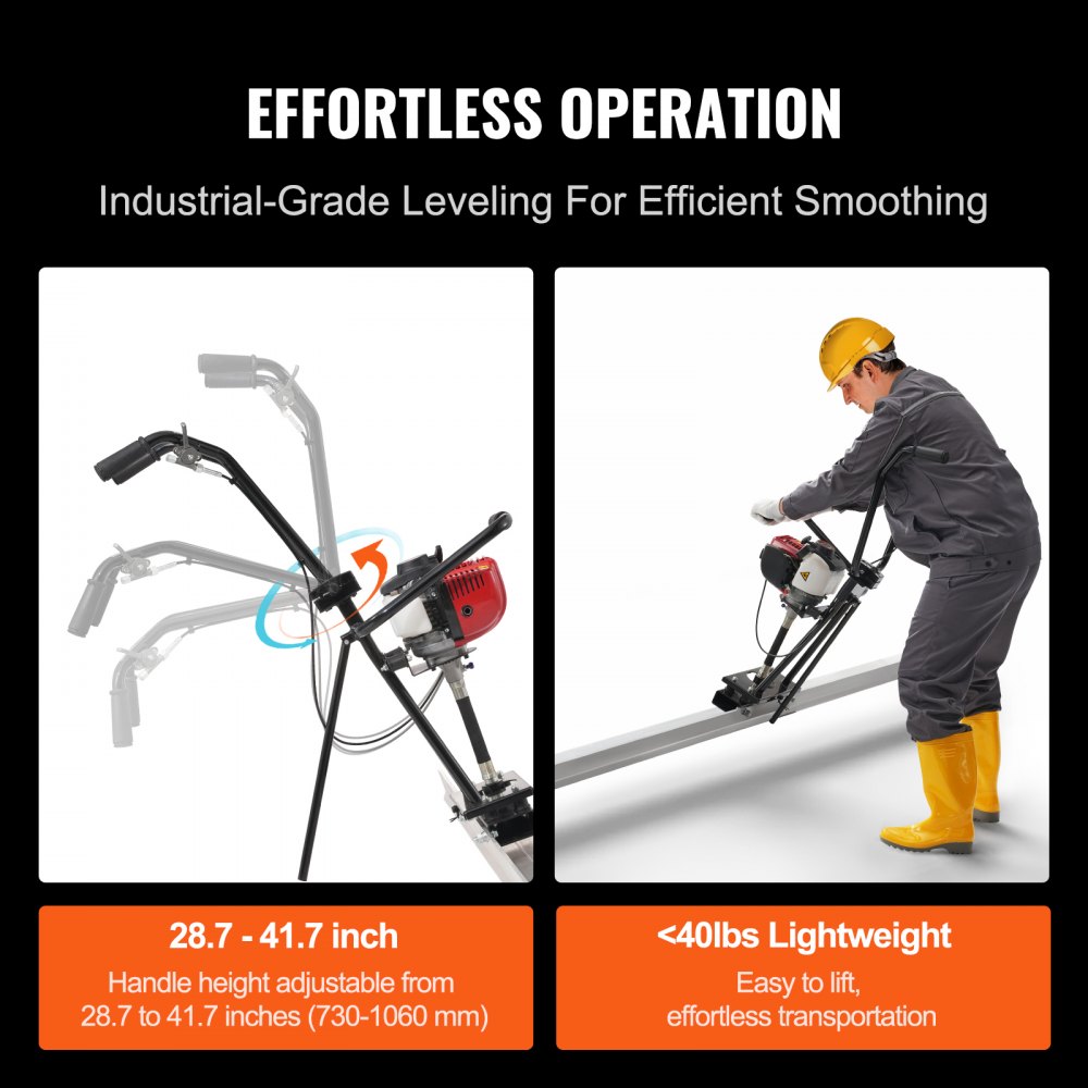 VEVOR Gas Concrete Power Screed, s 1830mm hliníkovou deskovou sadou rovných hran, 4taktní vibrační motor na cementovou úpravu s výškově nastavitelnými rukojeťmi, vysoce účinné betonářské nářadí 6500 ot./min.
