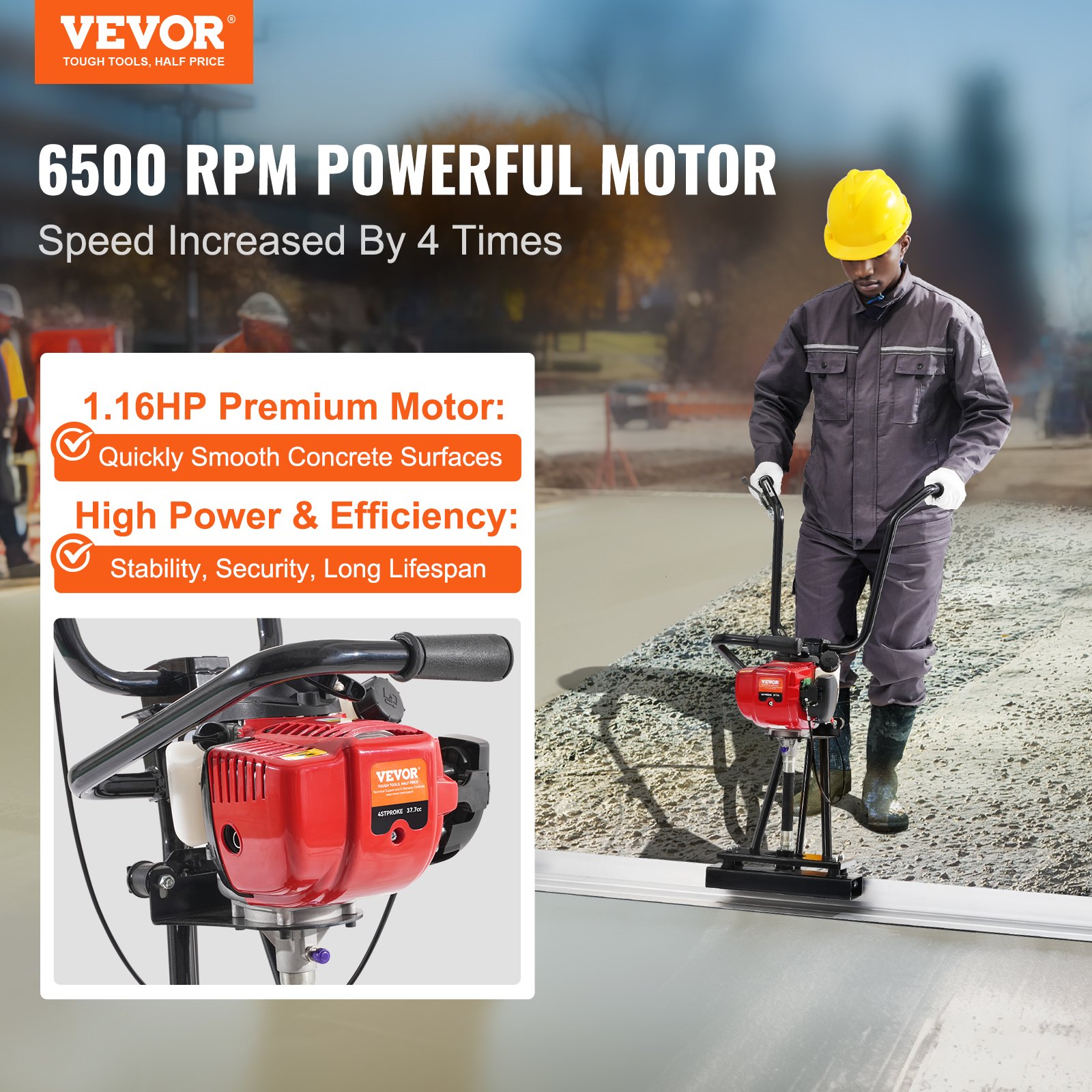 VEVOR Gas Concrete Power Screed, s 1830mm hliníkovou deskovou sadou rovných hran, 4taktní vibrační motor na cementovou úpravu s výškově nastavitelnými rukojeťmi, vysoce účinné betonářské nářadí 6500 ot./min.