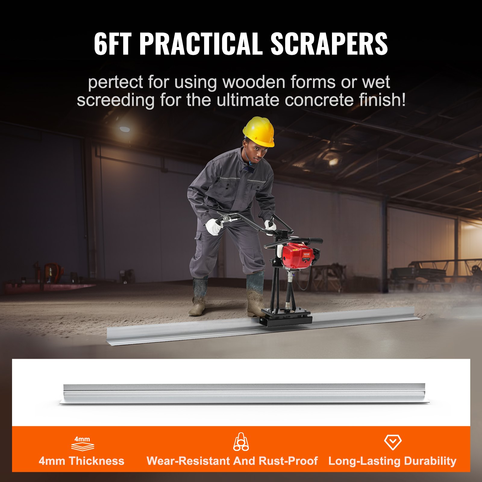 VEVOR Gas Concrete Power Screed, s 1830mm hliníkovou deskovou sadou rovných hran, 4taktní vibrační motor na cementovou úpravu s výškově nastavitelnými rukojeťmi, vysoce účinné betonářské nářadí 6500 ot./min.