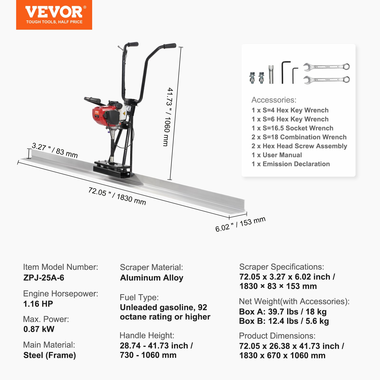 VEVOR Gas Concrete Power Screed, s 1830mm hliníkovou deskovou sadou rovných hran, 4taktní vibrační motor na cementovou úpravu s výškově nastavitelnými rukojeťmi, vysoce účinné betonářské nářadí 6500 ot./min.