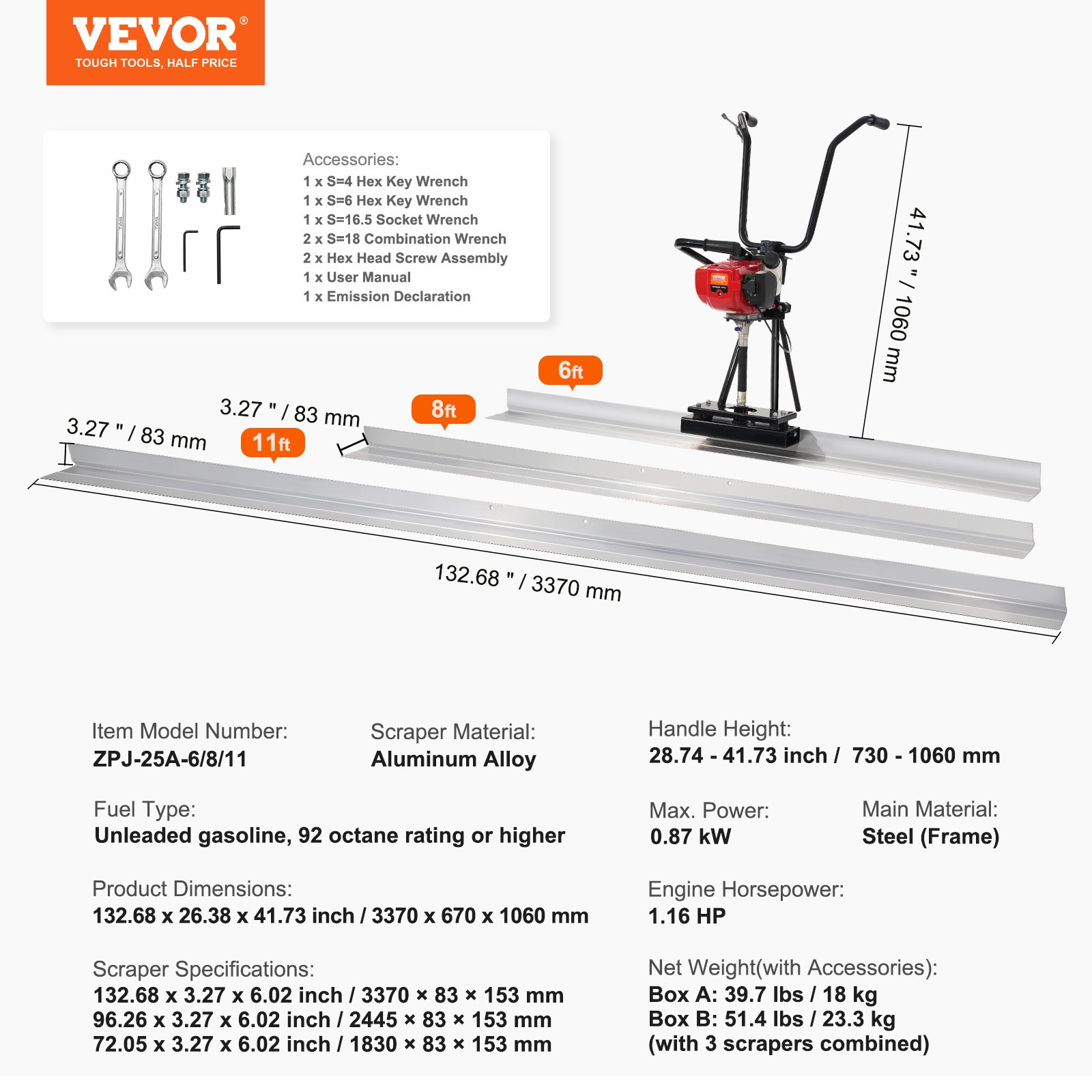 VEVOR Gas Concrete Power Screed, 6ft/8ft/11ft Aluminum Board Straight Edge Bar Set, 4 Stroke Cement Finishing Vibrating Motor with Height Adjustable Handles, High Efficient Concrete Tools 6500RPM