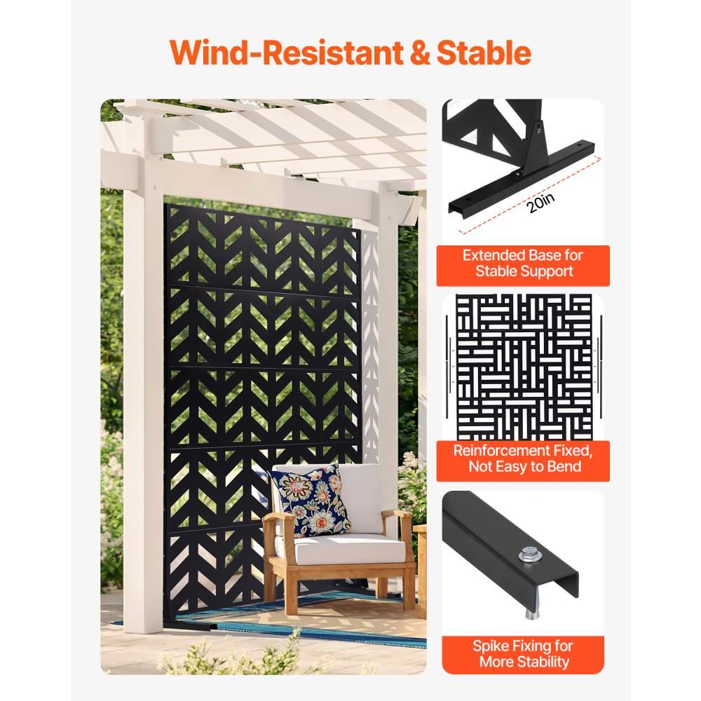 VEVOR Metal Privacy Screen, 120 x 183cm, Outdoor Privacy Screens 5-Panel, Freestanding Outdoor Divider with Stand, Decorative Garden Steel Privacy Fence for Balcony Patio Indoor Room Black