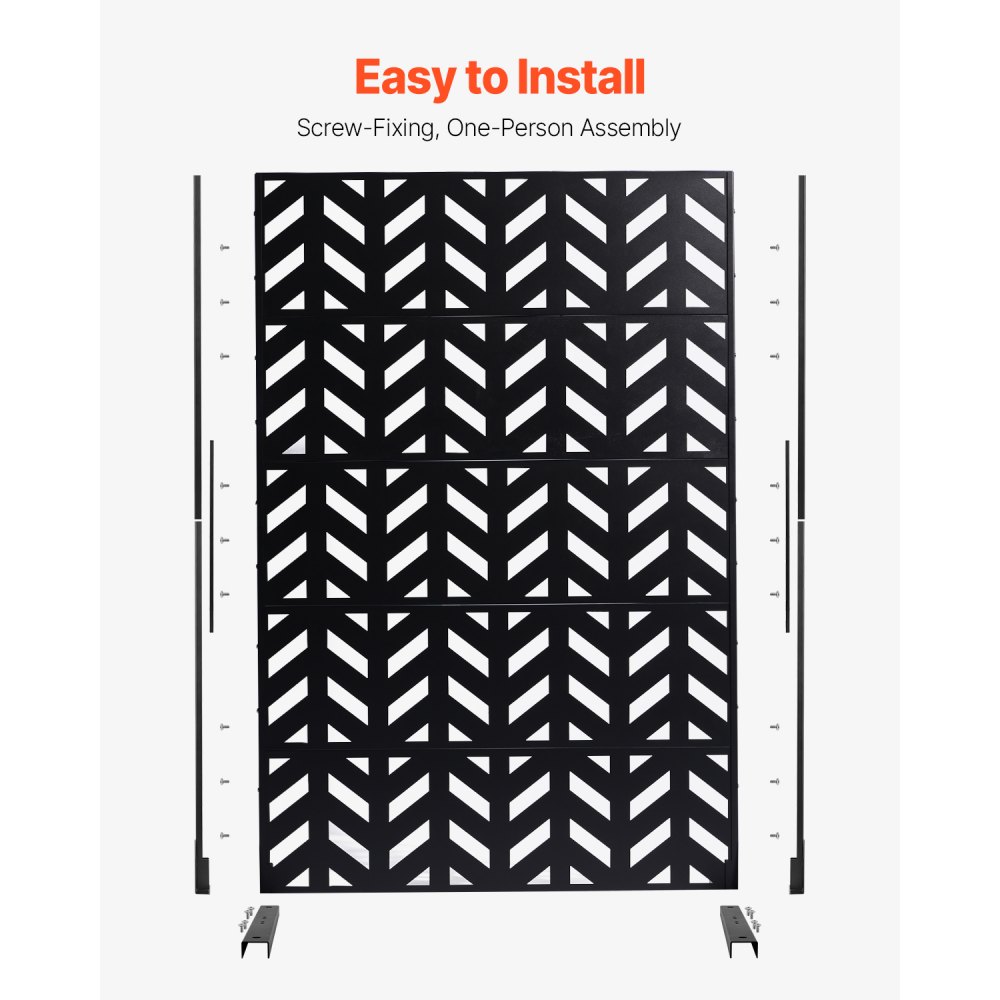 VEVOR Metal Privacy Screen, 120 x 183cm, Outdoor Privacy Screens 5-Panel, Freestanding Outdoor Divider with Stand, Decorative Garden Steel Privacy Fence for Balcony Patio Indoor Room Black