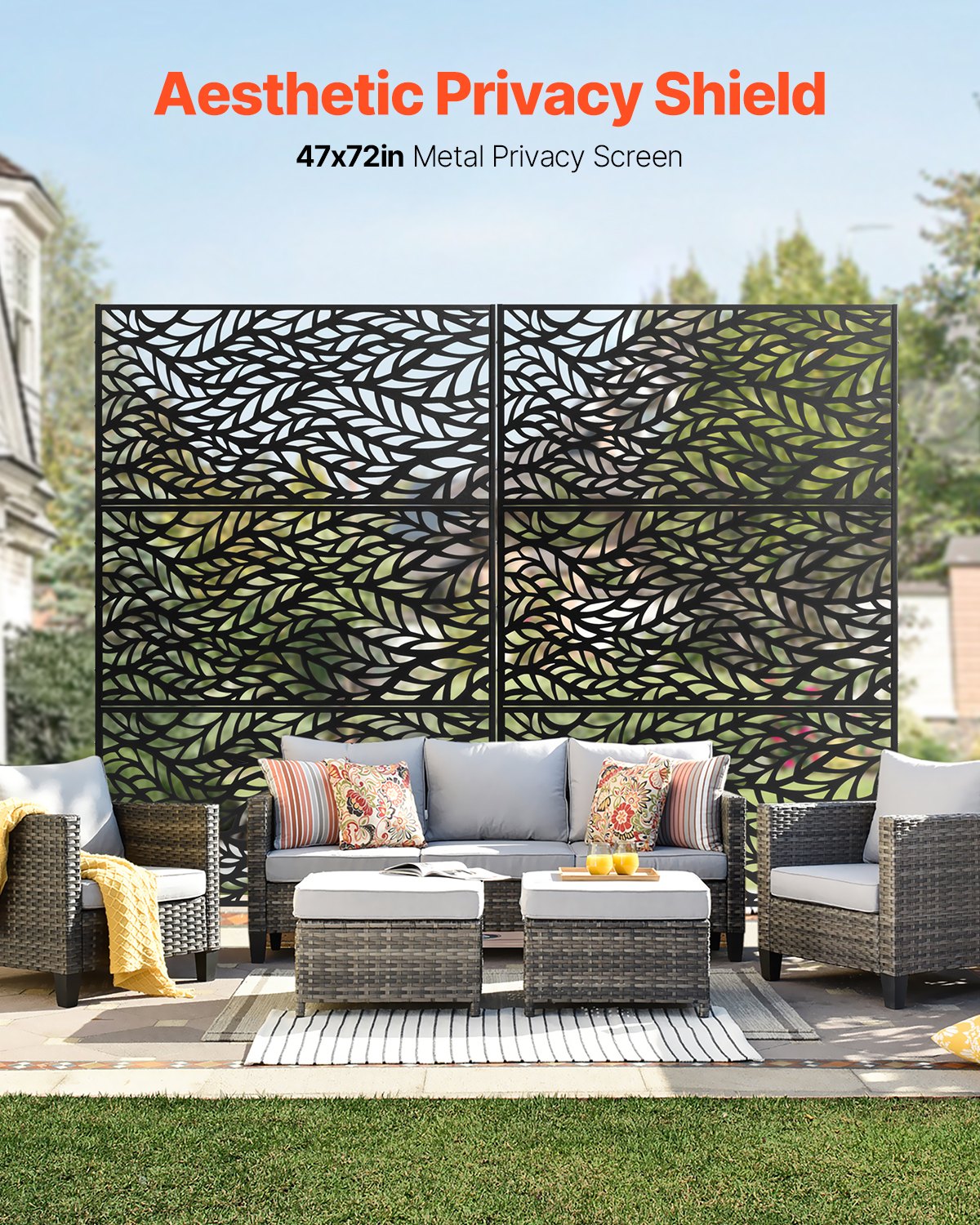 VEVOR Metal Privacy Screen, 120 x 183cm, Outdoor Privacy Screens & Panels, Freestanding Outdoor Divider with Stand, 3-Panel Decorative Garden Steel Privacy Fence for Balcony Patio Indoor Room Black