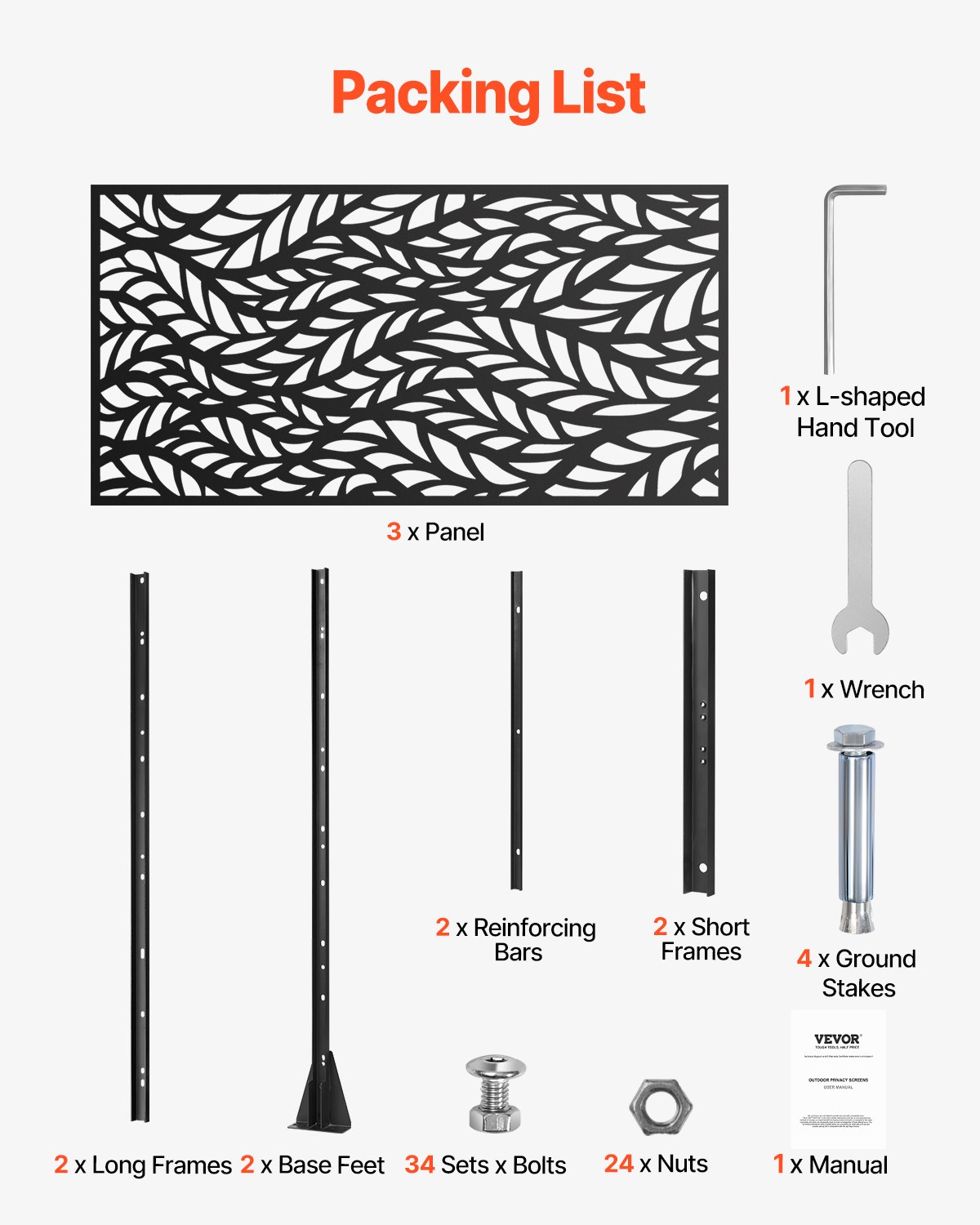 VEVOR Metal Privacy Screen, 120 x 183cm, Outdoor Privacy Screens & Panels, Freestanding Outdoor Divider with Stand, 3-Panel Decorative Garden Steel Privacy Fence for Balcony Patio Indoor Room Black