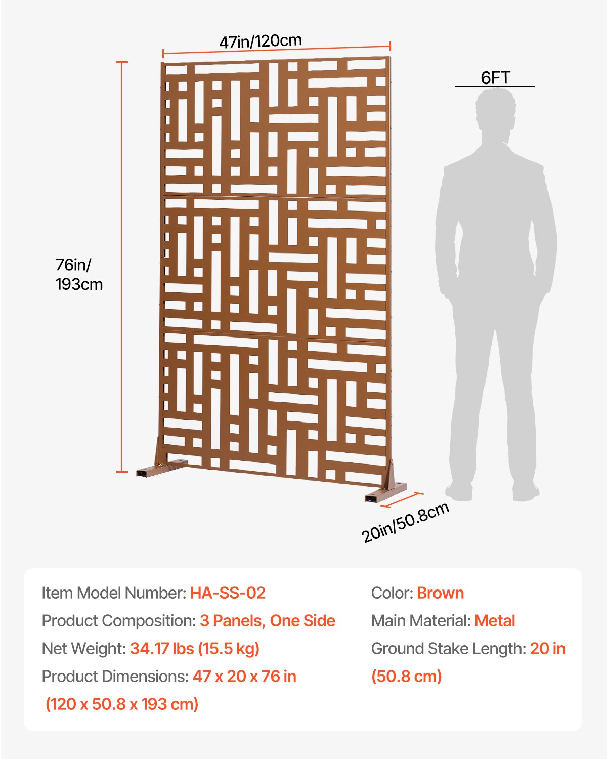 VEVOR Metal Privacy Screen, 120 x 193cm, Outdoor Privacy Screens 3-Panel, Freestanding Outdoor Divider with Stand, Decorative Garden Steel Privacy Fence for Balcony Patio Indoor Room Hot Tub Brown