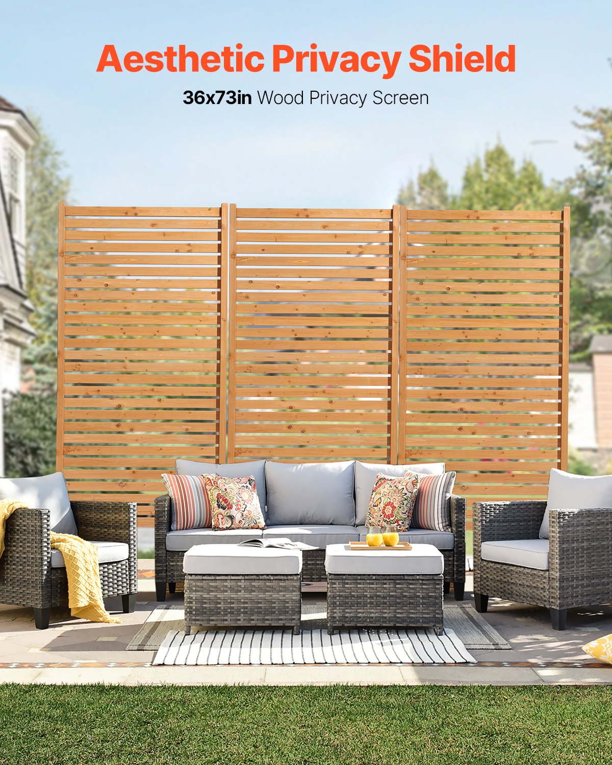 VEVOR Wooden Privacy Screen, 36" W x 76" H Outdoor Privacy Screen, Freestanding Wood Privacy Panel with Stand, Decorative Patio Privacy Screen, Outdoor Divider for Balcony Patio Lawn Garden