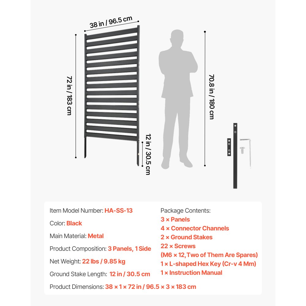 VEVOR Metal Privacy Screen, 96 x 152.4cm Freestanding Modern Privacy Fence, Garden Divider Panel with Extended Ground Stakes & Panel Height Adjustable, Freestanding Outdoor Divider for Garden, Indoor