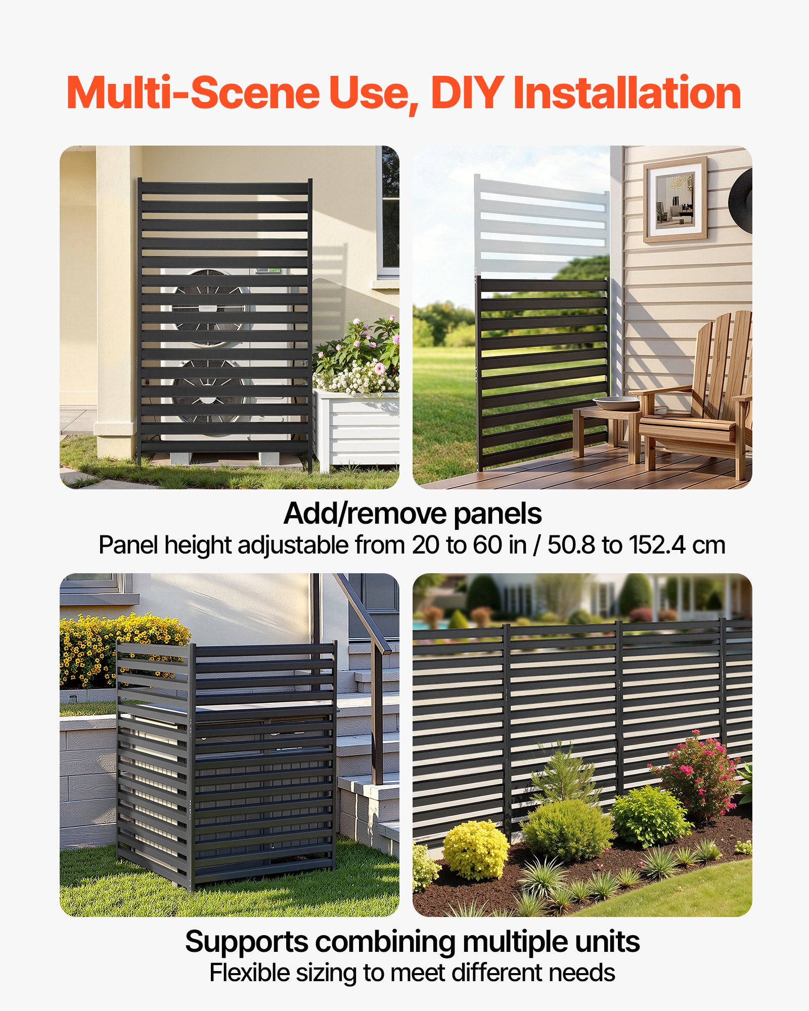 VEVOR Metal Privacy Screen, 96 x 152.4cm Freestanding Modern Privacy Fence, Garden Divider Panel with Extended Ground Stakes & Panel Height Adjustable, Freestanding Outdoor Divider for Garden, Indoor