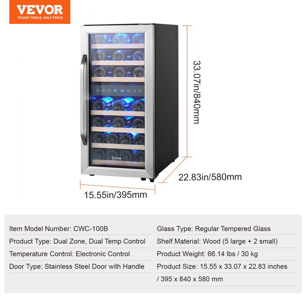 VEVOR 33-Bottle Wine Cooler, Dual Zone & Dual Temperature Wine Fridge, Freestanding Refrigerator with Circulating Air-cooling and Digital Control, Tempered Glass Door with UV Protection, for Home Bar