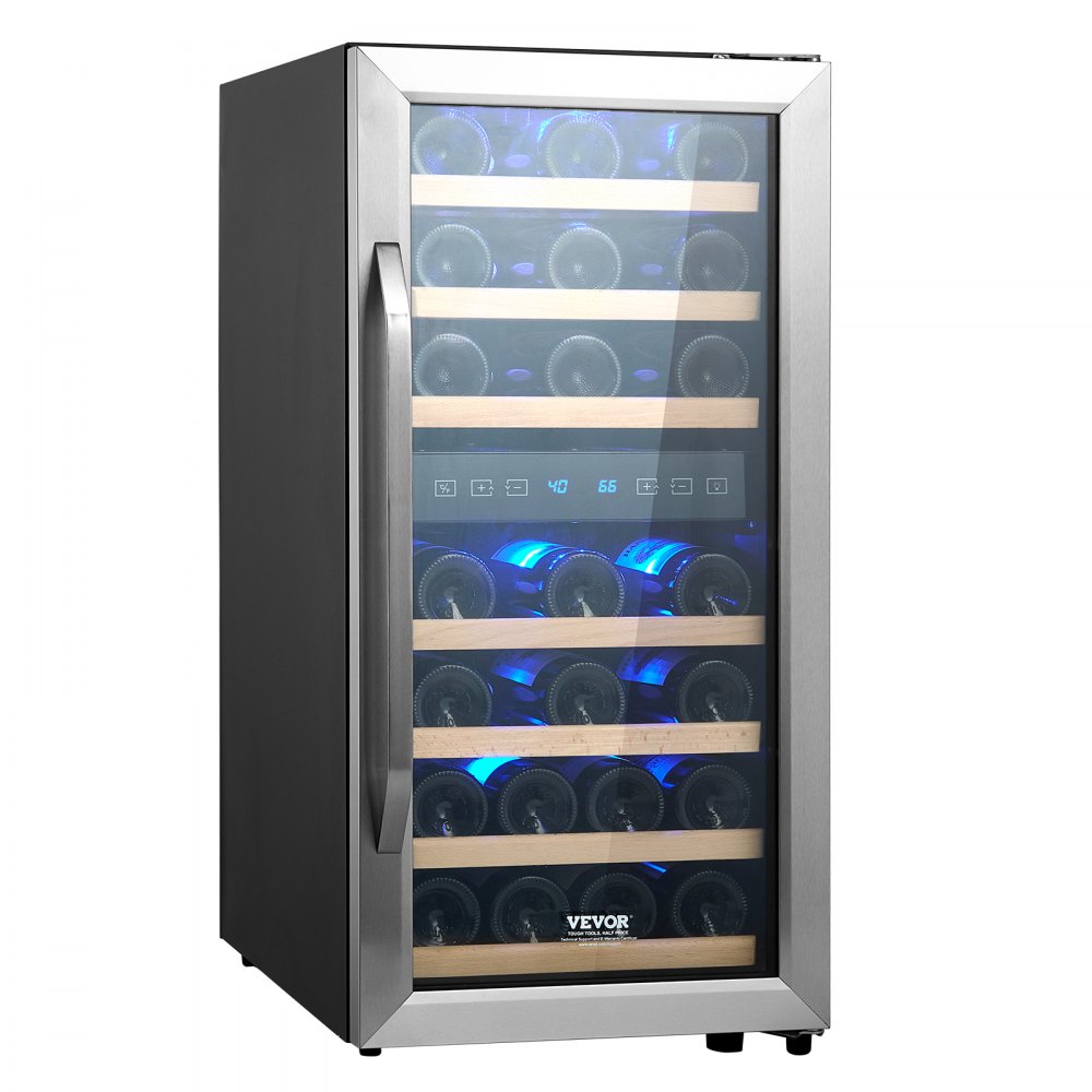 Refrigerador de vino independiente de dos zonas con luz LED y capacidad para 33 botellas VEVOR