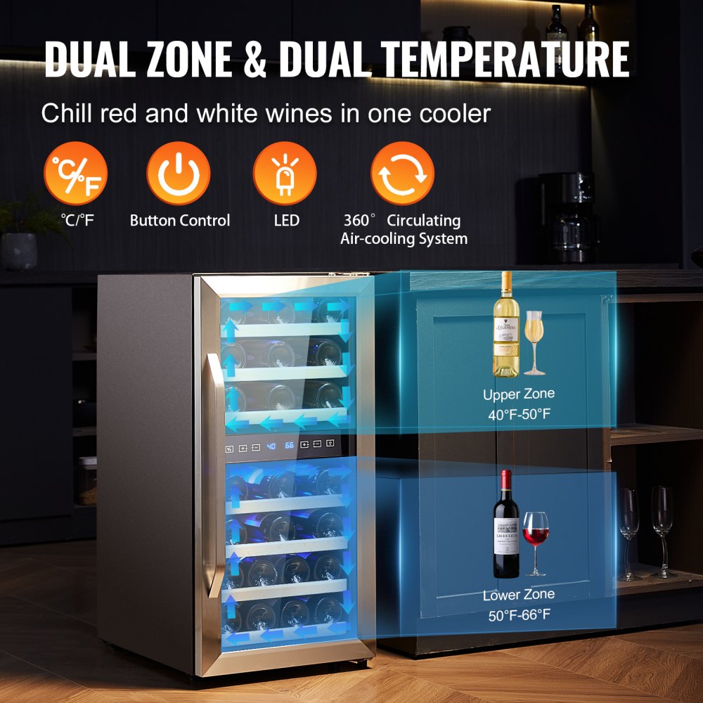 VEVOR 33-Bottle Wine Cooler, Dual Zone & Dual Temperature Wine Fridge, Freestanding Refrigerator with Circulating Air-cooling and Digital Control, Tempered Glass Door with UV Protection, for Home Bar