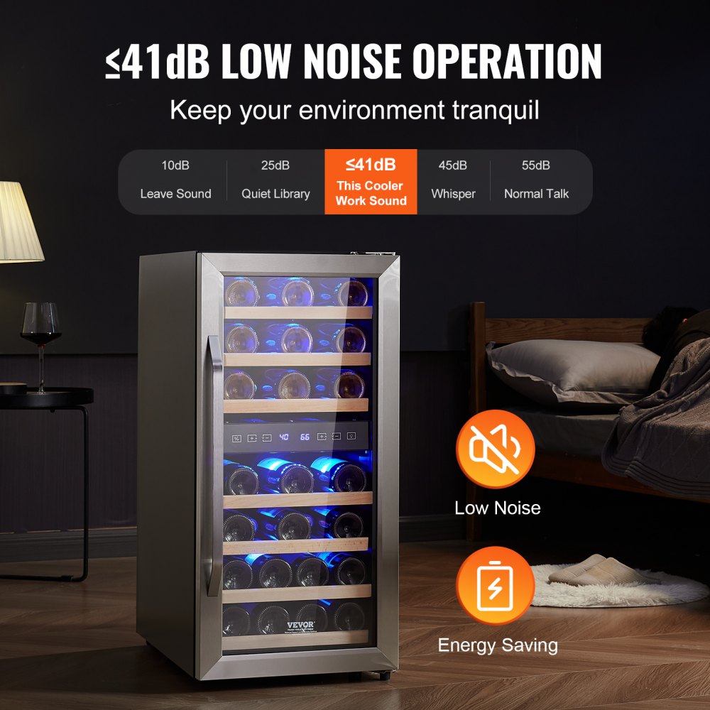 VEVOR 33-Bottle Wine Cooler, Dual Zone & Dual Temperature Wine Fridge, Freestanding Refrigerator with Circulating Air-cooling and Digital Control, Tempered Glass Door with UV Protection, for Home Bar