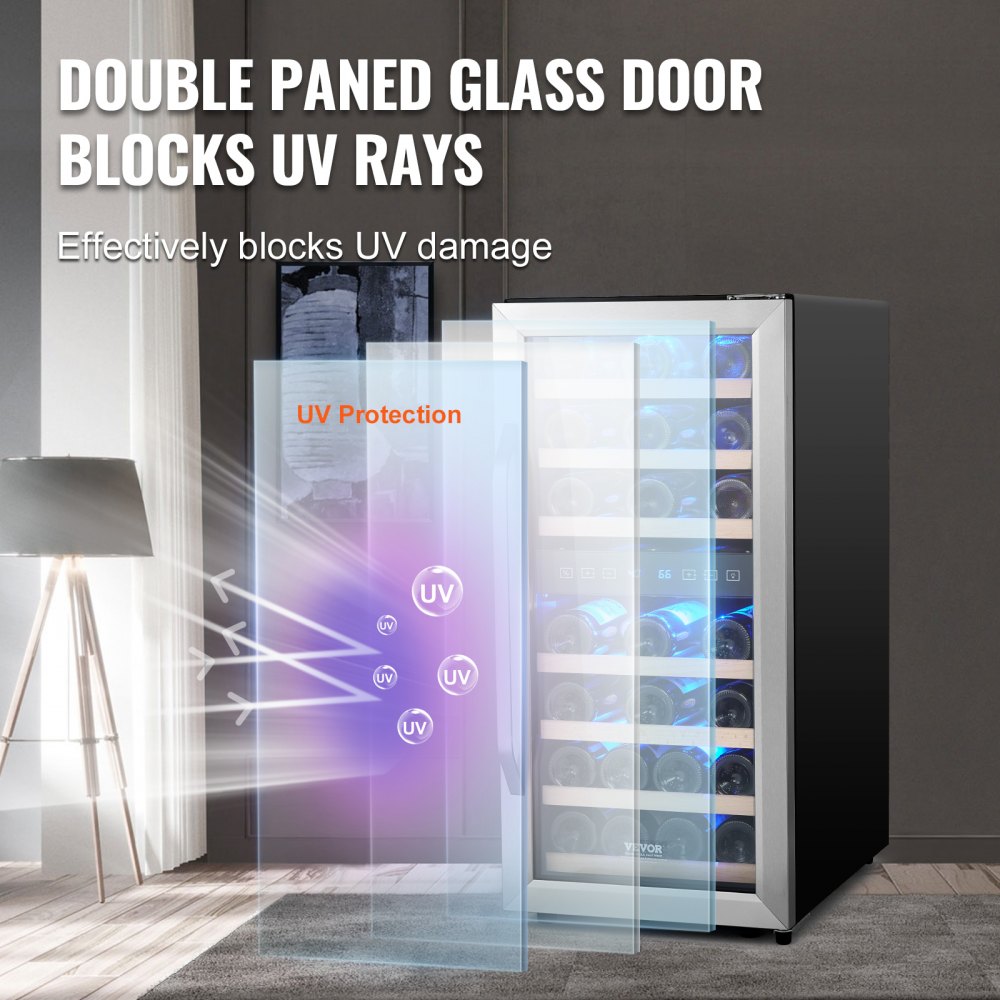 VEVOR 33-Bottle Wine Cooler, Dual Zone & Dual Temperature Wine Fridge, Freestanding Refrigerator with Circulating Air-cooling and Digital Control, Tempered Glass Door with UV Protection, for Home Bar
